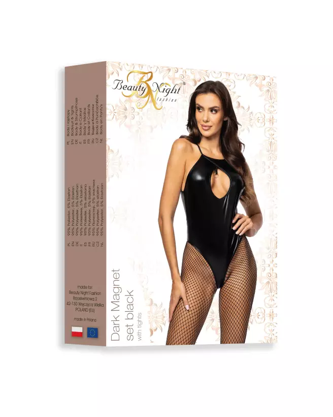 Photo de l'ensemble lingerie Dark Magnet noir par Beauty Night, style audacieux avec look humide et détails de résille-9