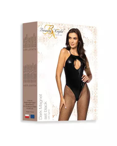 Photo de l'ensemble lingerie Dark Magnet noir par Beauty Night, style audacieux avec look humide et détails de résille-9