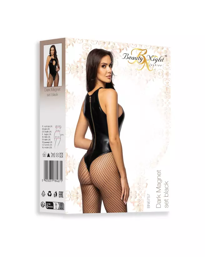 Photo de l'ensemble lingerie Dark Magnet noir par Beauty Night, style audacieux avec look humide et détails de résille-10