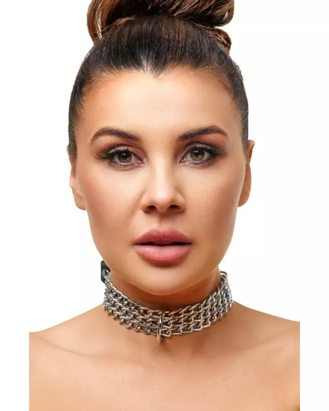 Collier BDSM en cuir ZADO avec chaîne, Leder Halsfessel Kette, accessoires de domination leather-3