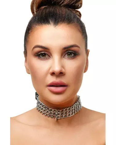 Collier BDSM en cuir ZADO avec chaîne, Leder Halsfessel Kette, accessoires de domination leather-3