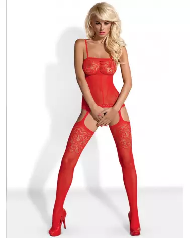 Bodystocking rouge F204 par Obsessive avec motif floral-1