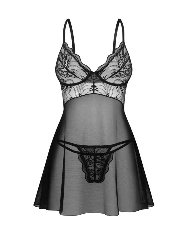 Perisia Babydoll et String noir par Obsessive, lingerie élégante en dentelle-1