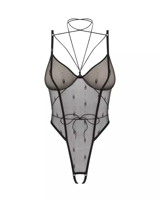 Body Ouvert Anniverse Obsessive en Maille Noire avec Harnais Ajustable-1