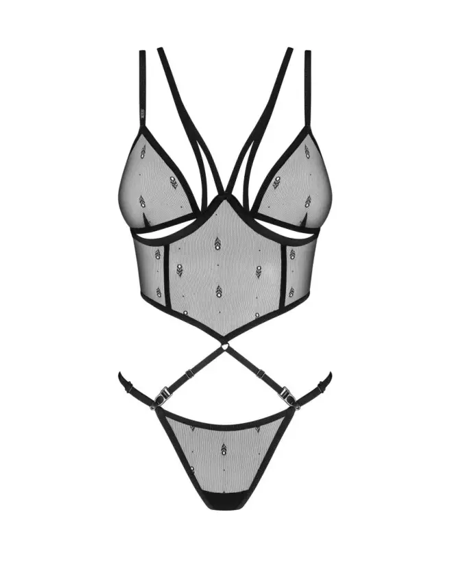 Ensemble lingerie noire Anniverse Special Obsessive avec top et string en maille transparente-1