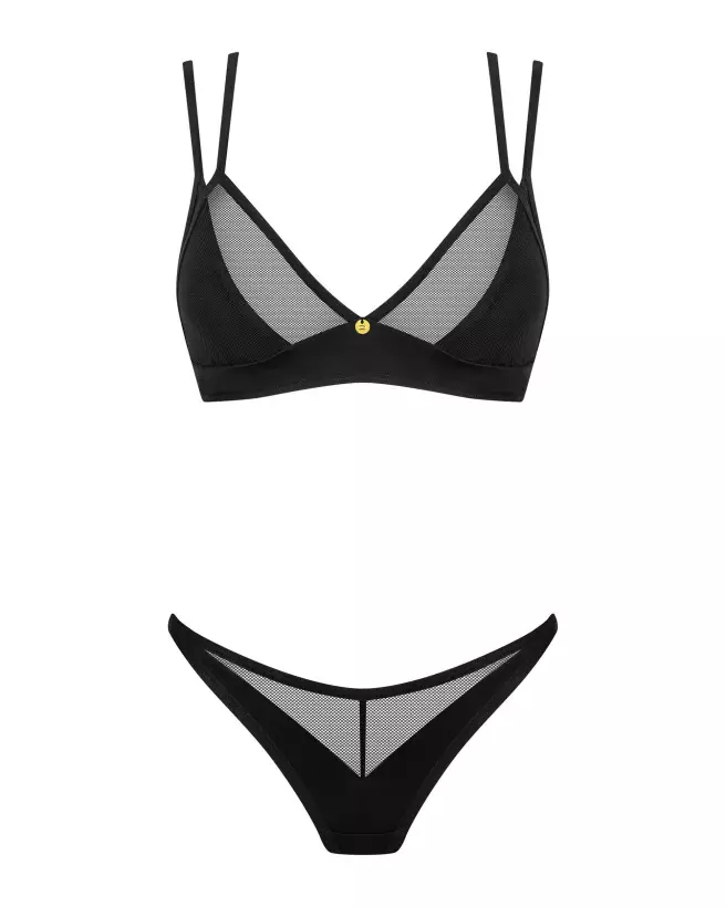 Photo de l'ensemble Nesari 2 pièces noir par Obsessive, détails en maille transparente et pendentif doré-7