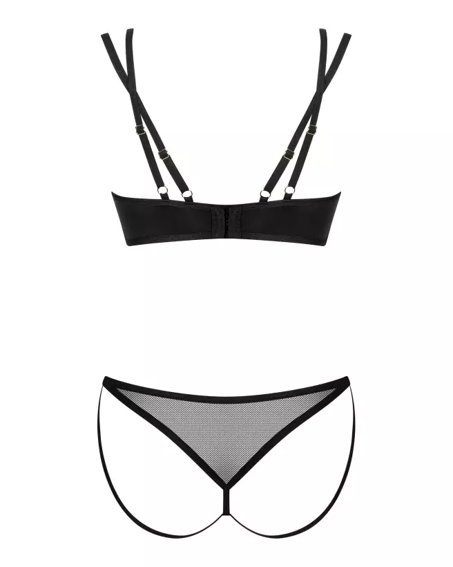 Photo de l'ensemble Nesari 2 pièces noir par Obsessive, détails en maille transparente et pendentif doré-8
