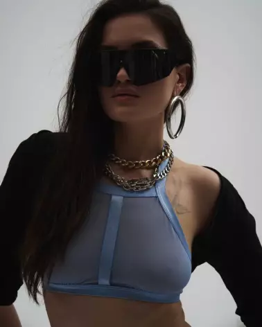 Obsessive Shaderi Top en bleu avec détails transparents et ajustement sophistiqué-9