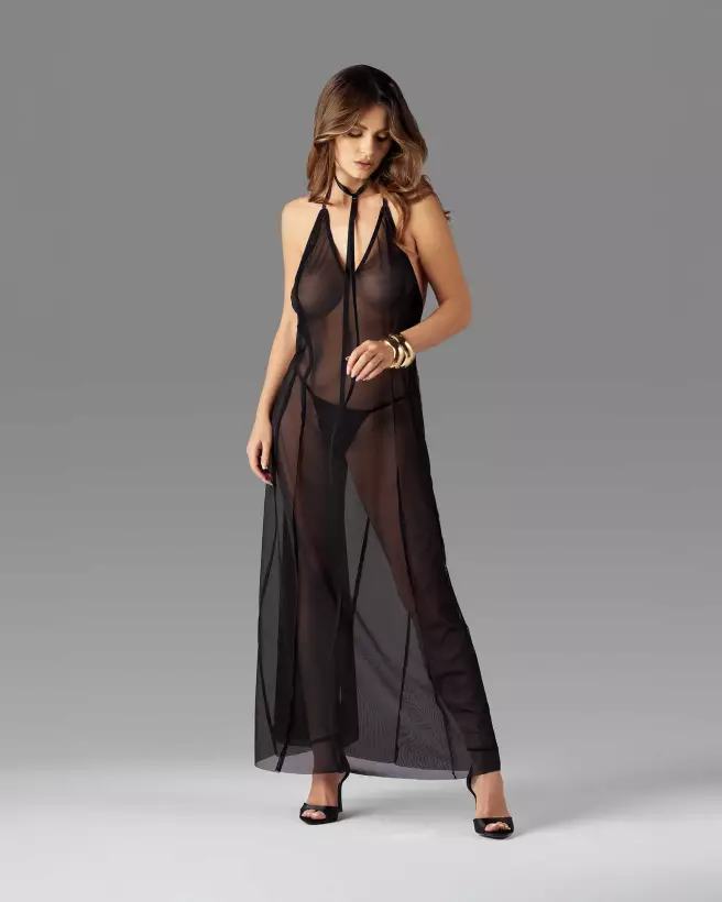 Robe longue noire sexy Obsessive avec décolleté plongeant et design élégant-4