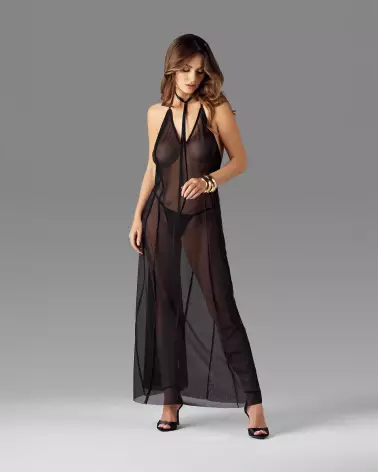 Robe longue noire sexy Obsessive avec décolleté plongeant et design élégant-4