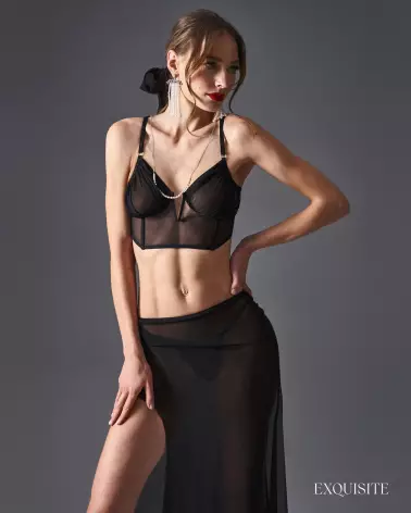 Guêpière noire Aurorium Obsessive avec baleines verticales et maille transparente-3