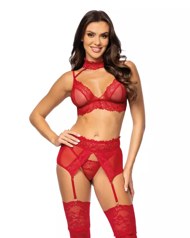 Ensemble lingerie Velvet Sin Cherry Beauty Night avec dentelle rouge et accessoires-1