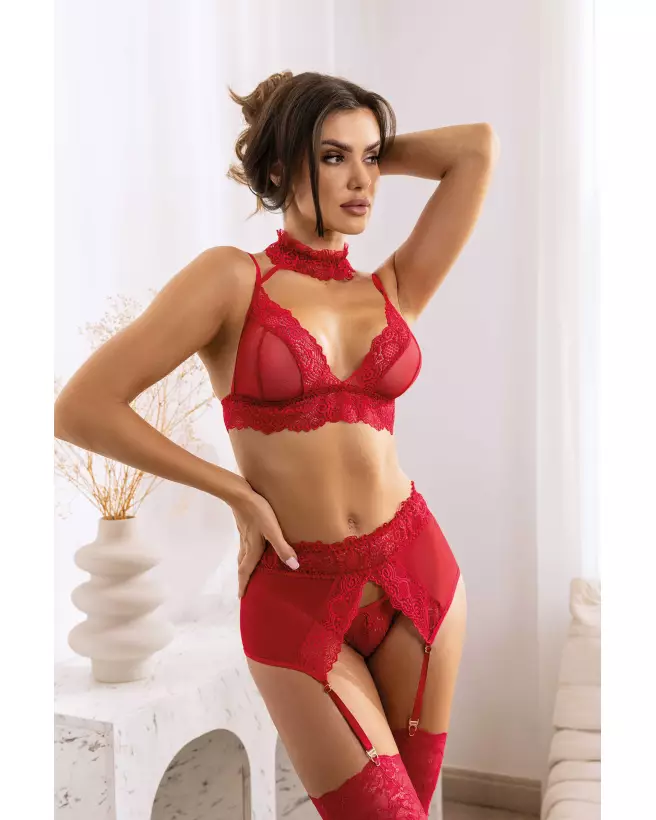 Ensemble lingerie Velvet Sin Cherry Beauty Night avec dentelle rouge et accessoires-8