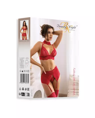 Ensemble lingerie Velvet Sin Cherry Beauty Night avec dentelle rouge et accessoires-13
