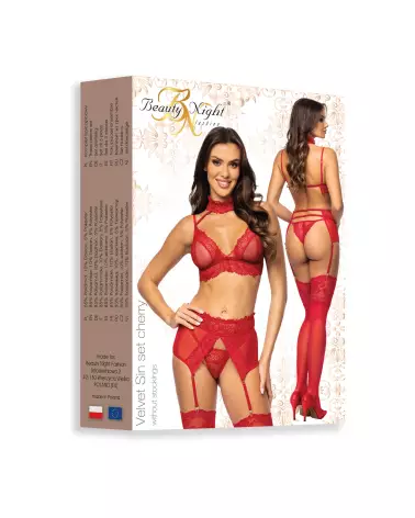 Ensemble lingerie Velvet Sin Cherry Beauty Night avec dentelle rouge et accessoires-14