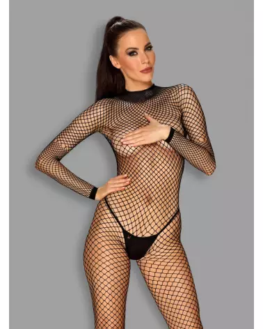 Image du Bodystocking N121 Noir Obsessive, lingerie séduisante avec entrejambe ouvert et dos nu-3