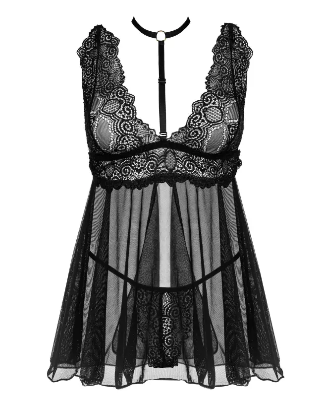 Milana Babydoll Noire Beauty Night en dentelle élégante et maille transparente-8