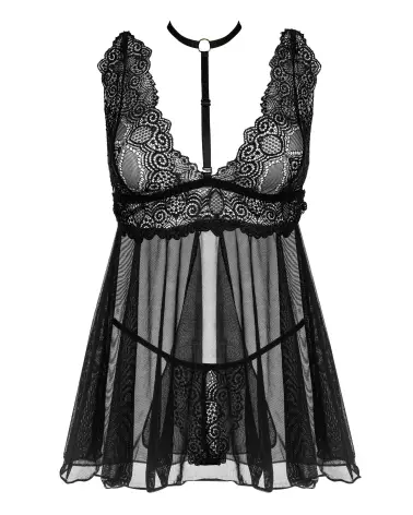Milana Babydoll Noire Beauty Night en dentelle élégante et maille transparente-8