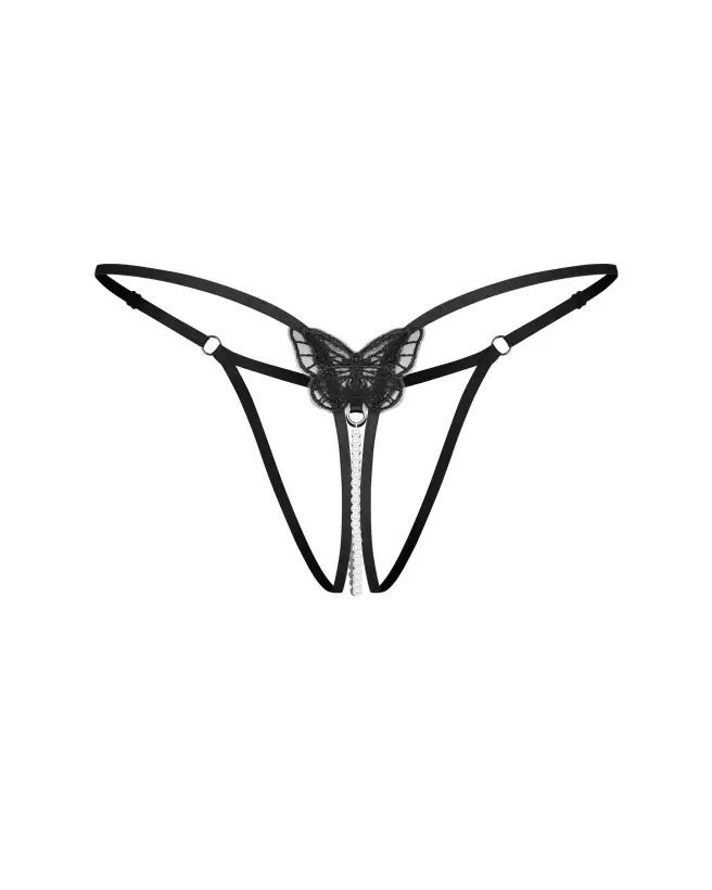 Isseme string ouvert noir Obsessive avec perles et motif papillon-7