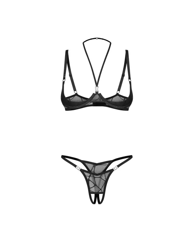 Photo de l'ensemble Olianna noir par Obsessive avec soutien-gorge ouvert et string en dentelle-5