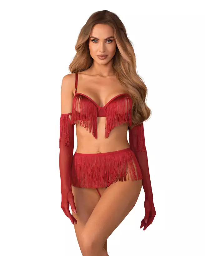 Ensemble Rossay 4 pièces rouge Obsessive avec soutien-gorge ouvert, string et gants-1