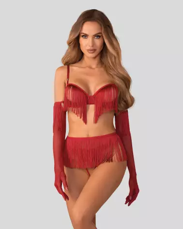 Ensemble Rossay 4 pièces rouge Obsessive avec soutien-gorge ouvert, string et gants-3