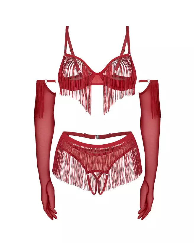 Ensemble Rossay 4 pièces rouge Obsessive avec soutien-gorge ouvert, string et gants-7
