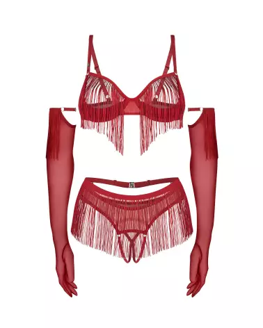 Ensemble Rossay 4 pièces rouge Obsessive avec soutien-gorge ouvert, string et gants-7