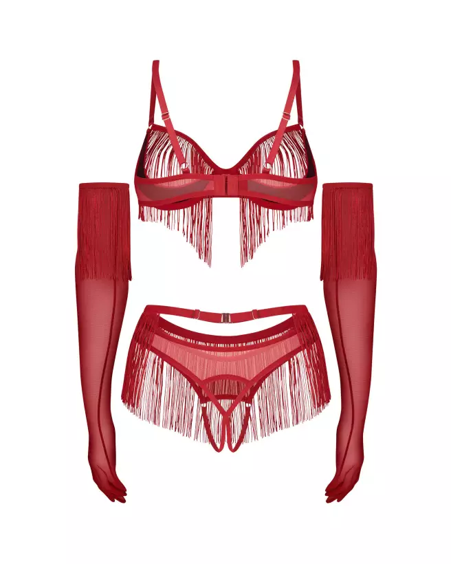 Ensemble Rossay 4 pièces rouge Obsessive avec soutien-gorge ouvert, string et gants-8