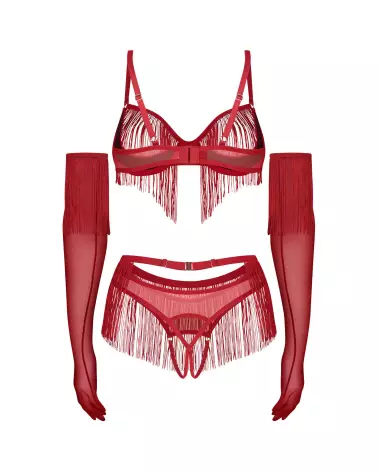 Ensemble Rossay 4 pièces rouge Obsessive avec soutien-gorge ouvert, string et gants-8