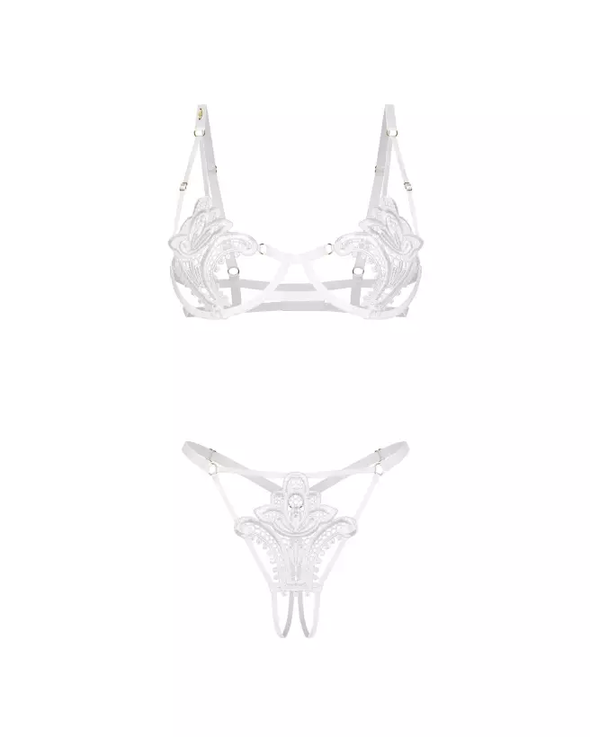 Photo de l'ensemble Luise Sublim 2 pièces blanc par Obsessive, soutien-gorge à armatures et string ouvert en dentelle é-8
