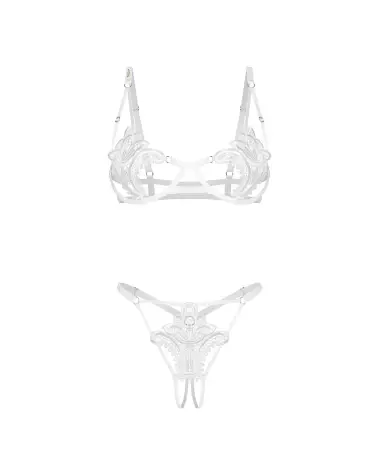 Photo de l'ensemble Luise Sublim 2 pièces blanc par Obsessive, soutien-gorge à armatures et string ouvert en dentelle é-8