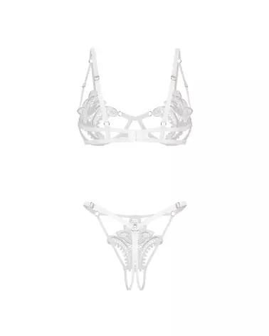 Photo de l'ensemble Luise Sublim 2 pièces blanc par Obsessive, soutien-gorge à armatures et string ouvert en dentelle é-9