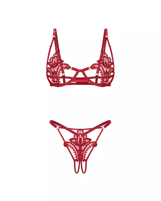 Obsessive Luise Sublim ensemble rouge avec soutien-gorge à armatures et string ouvert en dentelle-10