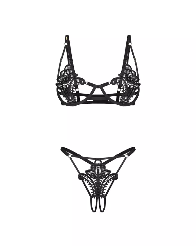 Photo de l'ensemble Luise Sublim Noir Obsessive, soutien-gorge à armatures et string ouvert en dentelle-6