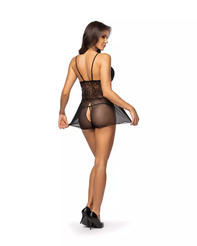 Image de la Babydoll Secret Veil noire par Beauty Night, élégante et sensuelle en dentelle fine-4