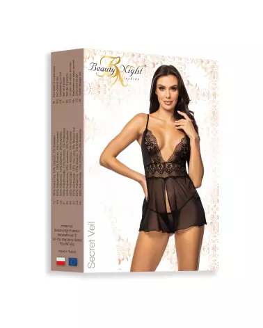 Image de la Babydoll Secret Veil noire par Beauty Night, élégante et sensuelle en dentelle fine-5