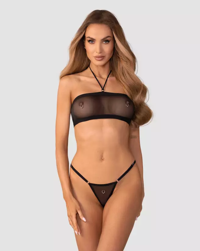 Ensemble de lingerie Obsessive Orinelle noir avec maille recyclée et anneaux métalliques-3