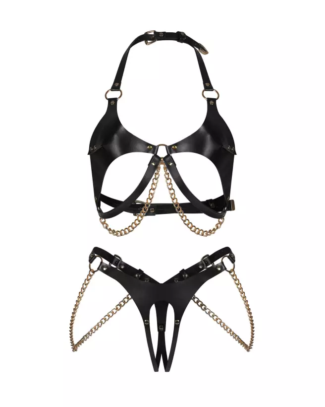 Photo de l'ensemble ouvert Anyya noir 2 pièces par Obsessive avec détails en simili cuir et chaînes dorées-8