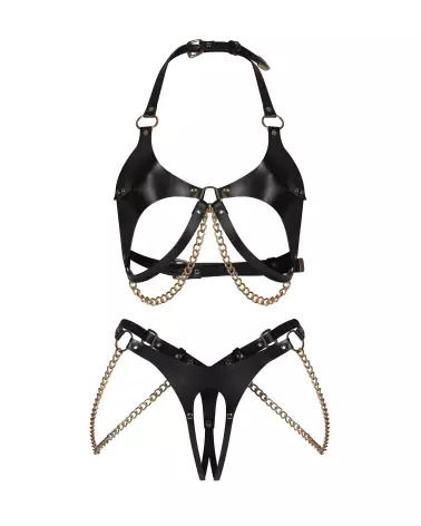 Photo de l'ensemble ouvert Anyya noir 2 pièces par Obsessive avec détails en simili cuir et chaînes dorées-8