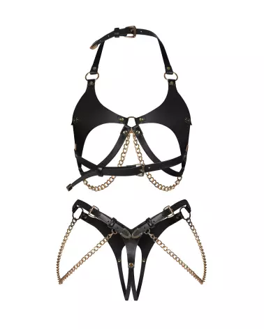 Photo de l'ensemble ouvert Anyya noir 2 pièces par Obsessive avec détails en simili cuir et chaînes dorées-9