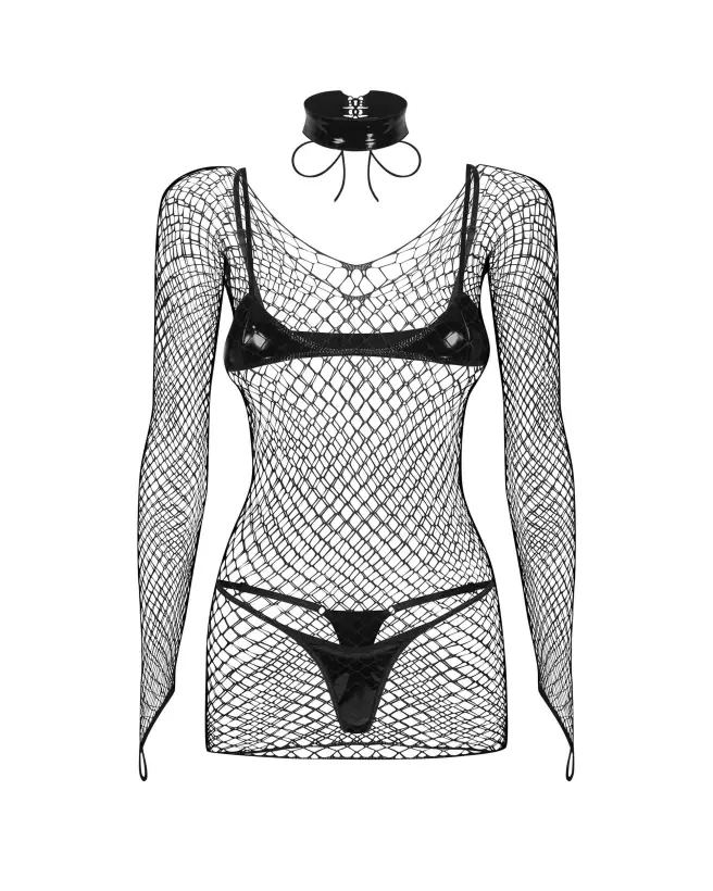 Ensemble Sashalla 4 pièces noir Obsessive, lingerie sexy en résille et aspect cuir-8