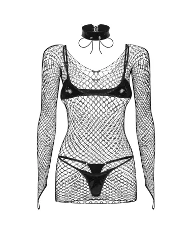 Ensemble Sashalla 4 pièces noir Obsessive, lingerie sexy en résille et aspect cuir-8