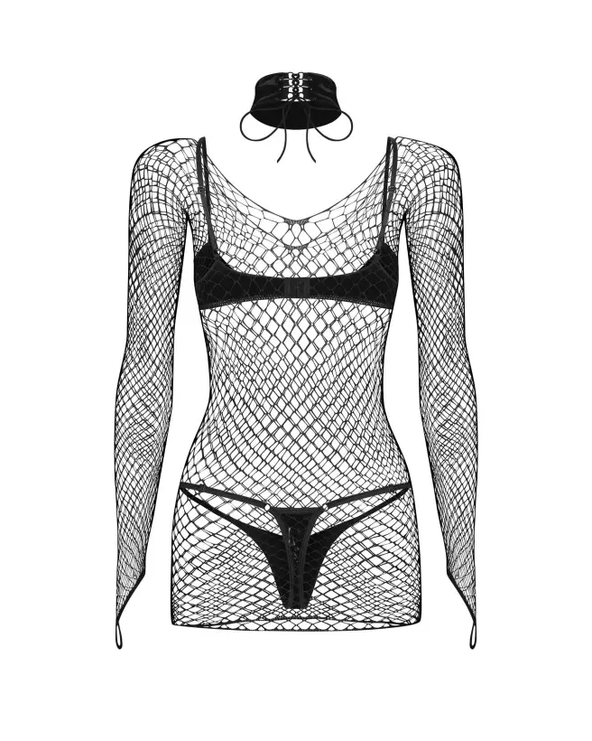 Ensemble Sashalla 4 pièces noir Obsessive, lingerie sexy en résille et aspect cuir-9