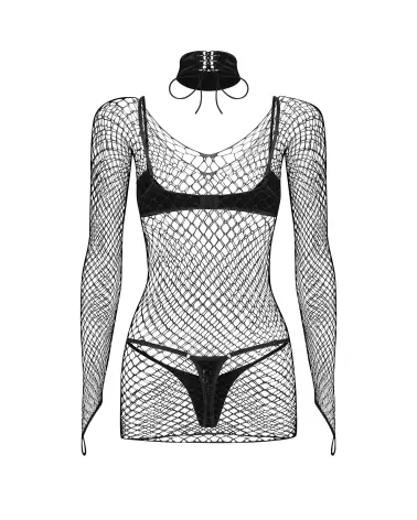 Ensemble Sashalla 4 pièces noir Obsessive, lingerie sexy en résille et aspect cuir-9