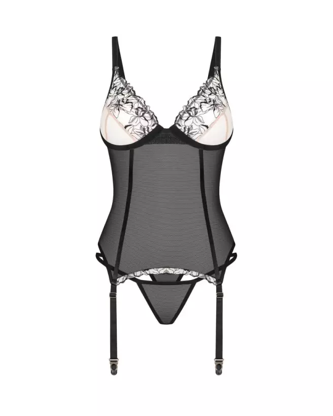 Corset et string Vila Blanes Obsessive noir avec détails floraux et jarretelles ajustables-3
