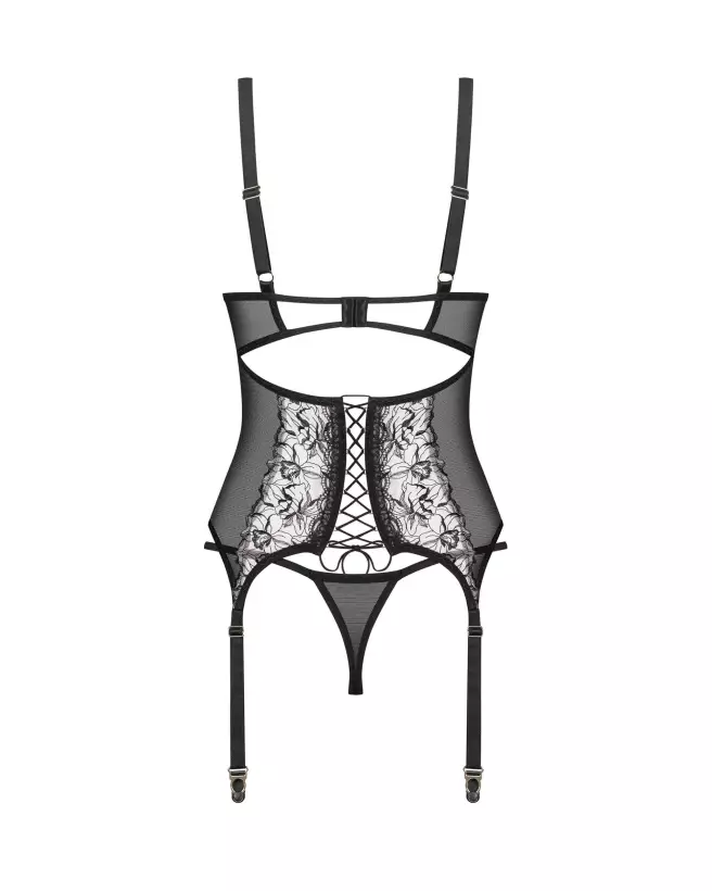 Corset et string Vila Blanes Obsessive noir avec détails floraux et jarretelles ajustables-4