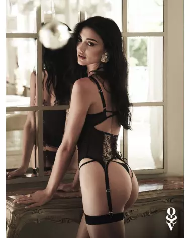 Corset et string Vila Blanes Obsessive noir avec détails floraux et jarretelles ajustables-8
