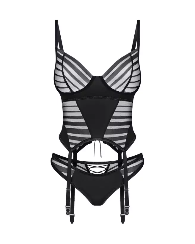 Lune Bellis corset et string noir Obsessive avec laçage élégant et ajustement confortable-8
