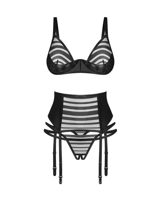 Ensemble Lune Bellis Obsessive noir ouvert, lingerie sexy trois pièces avec porte-jarretelles et soutien-gorge à armatur-7